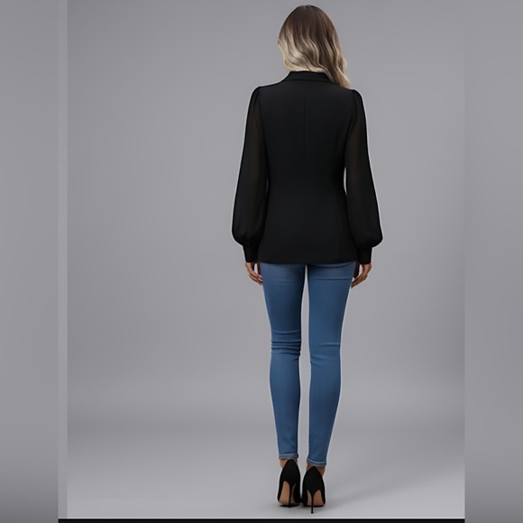 Black Shawl Collar Sheer Sleeve Blazer - Picture 4 of 9